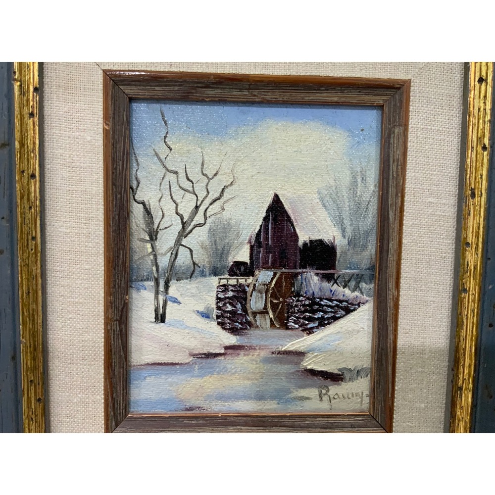 Vintage Raun Signed Miniature Oil Painting Winter Water Mill Landscape Framed